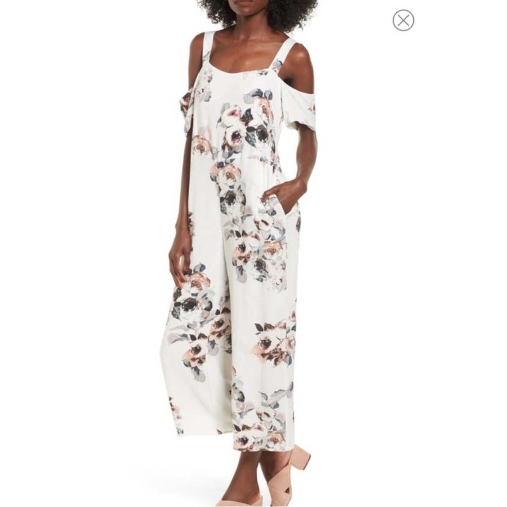 Moon River Cream and Pink Floral Jumpsuit with Flowing Silhouette